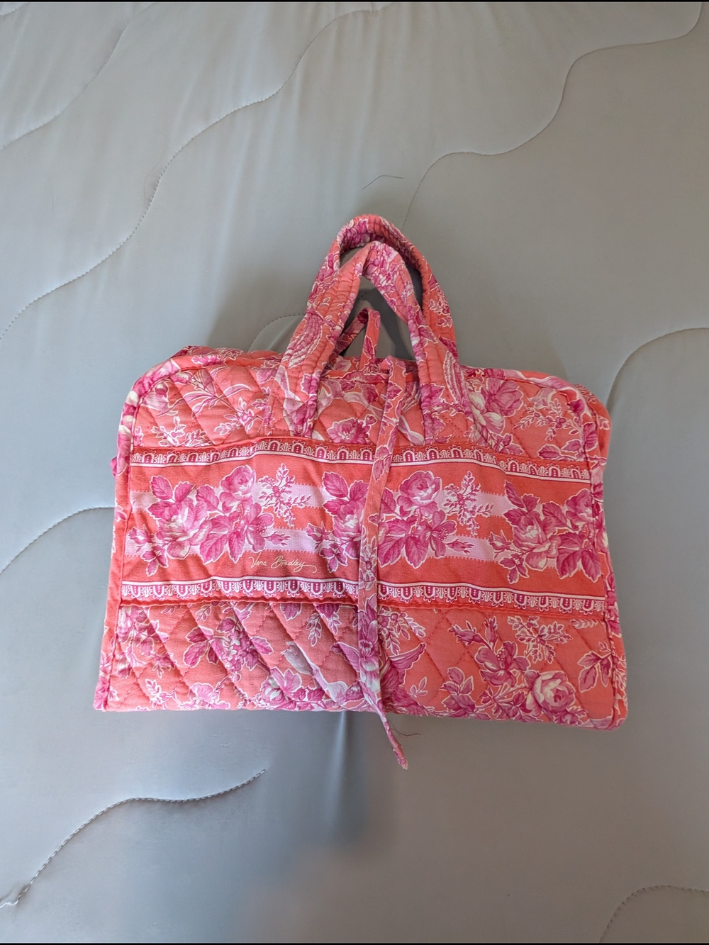 Vera Bradley Pink Hope Toile Quilted Travel Cosmetic Organizer Tote Bag